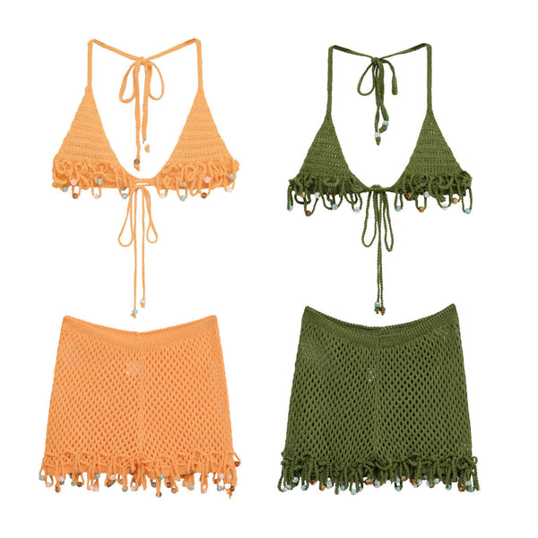 Women's Summer Vacation Style Hand Knitted Slim Swimsuit Set Swimwear