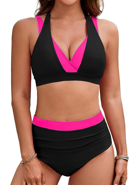 Color Blocked Halter High Waisted  Bikini Two Piece Swimsuit For Women Swimwear