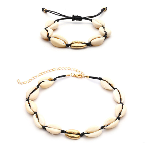 Necklace Bracelet Set Bohemian Style Hand Woven Short Collarbone Shell Bracelets