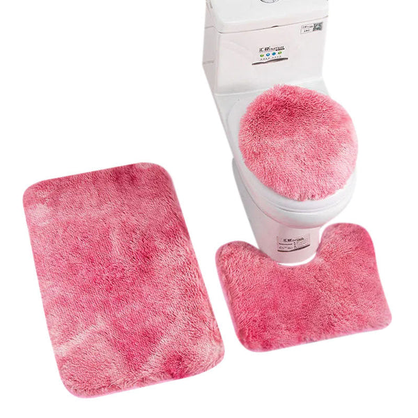 Dark Pink Bath Mat Set 3Pc Soft Non Slip Rug Toilet Lid Cover Shower Carpets Bath Mats Rugs & Toilet Covers