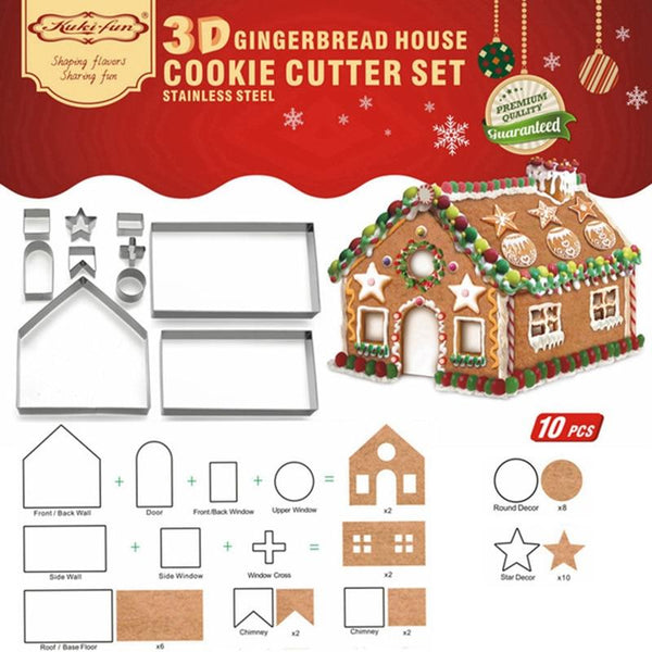 10Pcs 3D Gingerbread House Stainless Steel Christmas Set Cookie Cutters