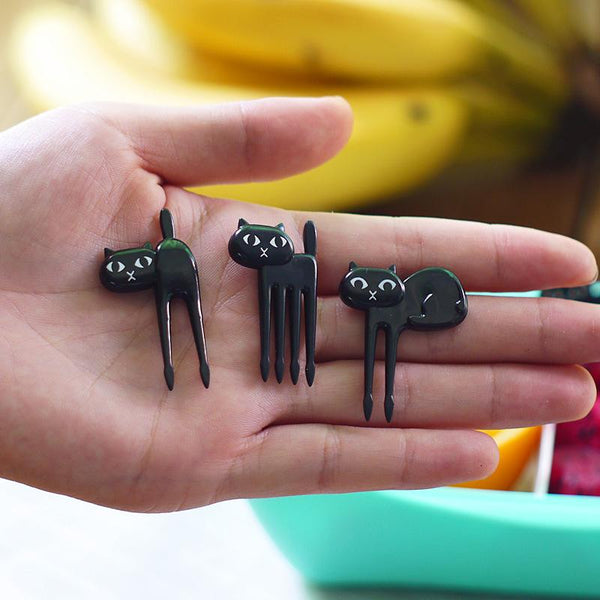 6Pcs Mini Black Cat Fruit Toothpicks Bento Finger Food Forks Picks