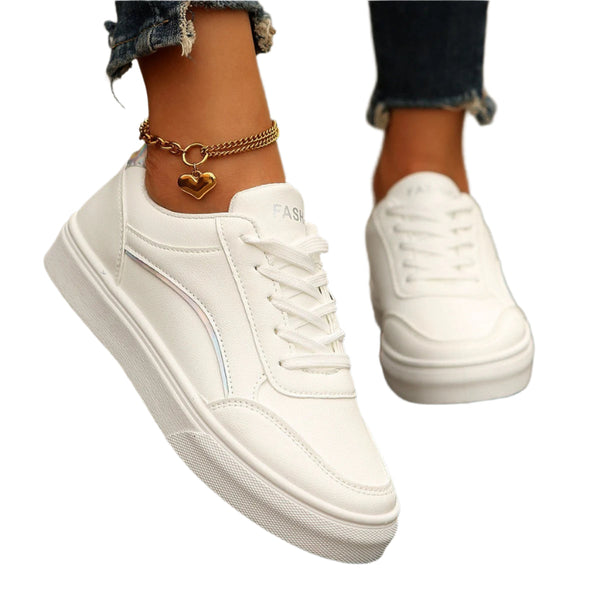 Lace Up White Shoes Round Toe Slip On Thick Sole Casual For Women Flats