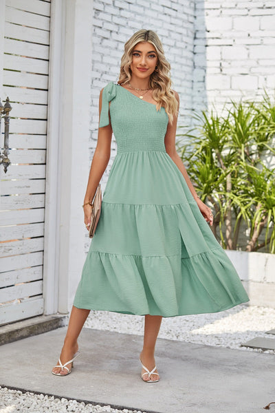One Shoulder Pleated Layered Hem Split Womens Summer Unique Design Dresses