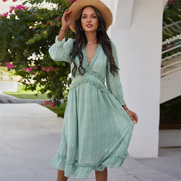 Boho All Over Print Frill Trim Women's Summer Long Sleeve V Neck Dress Dresses