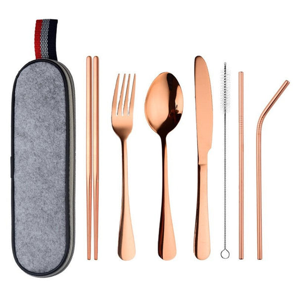 8Pcs/Set Stainless Steel Drinking Straw Knife Fork Spoon Chopsticks Cutlery Cutlery Sets