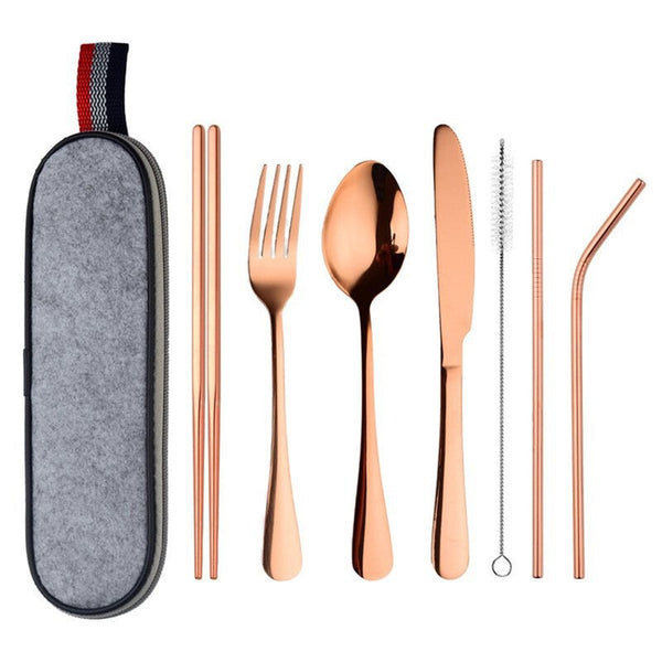 8Pcs/Set Stainless Steel Drinking Straw Knife Fork Spoon Chopsticks Cutlery