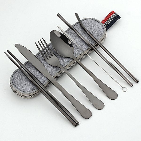 8Pcs/Set Stainless Steel Drinking Straw Knife Fork Spoon Chopsticks Cutlery Cutlery Sets