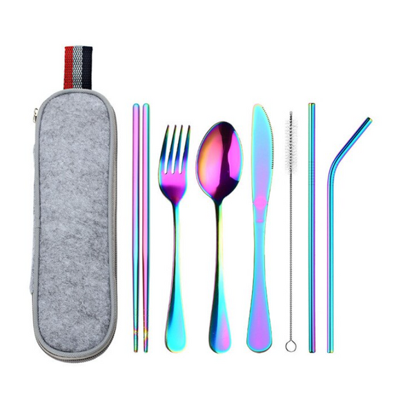 8Pcs/Set Stainless Steel Drinking Straw Knife Fork Spoon Chopsticks Cutlery