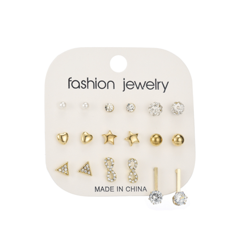 Veile Studios 9 Pairs Of Creative Zircon Nail Set Alloy Jewelry Gold Earrings