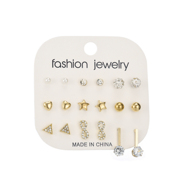 Veile Studios 9 Pairs Of Creative Zircon Nail Set Alloy Jewelry Gold Earrings
