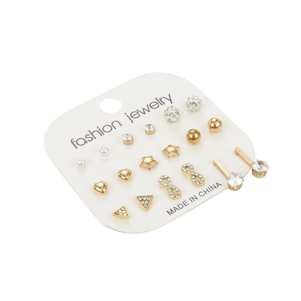 Veile Studios 9 Pairs Of Creative Zircon Nail Set Alloy Jewelry Gold Earrings