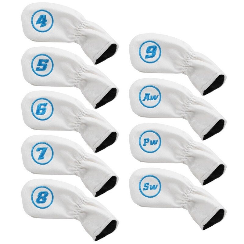 9Pcs Golf Iron Head Covers Set Waterproof Soft Pu Leather Putter White Club Head Covers