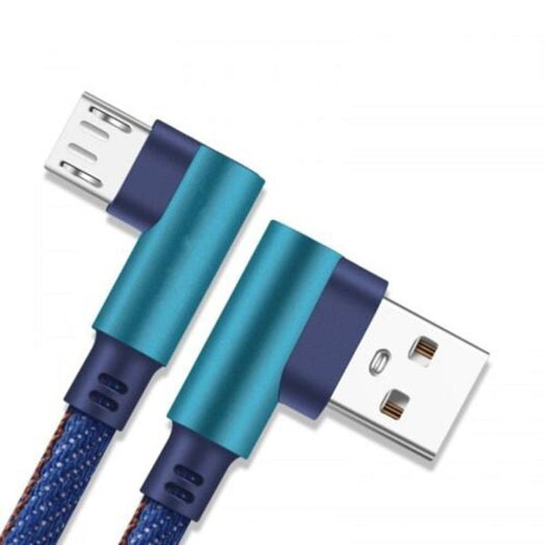 90 Degree Micro Usb Cable 2.4A Fast Charging Charge Data Cord Denim Dark Blue