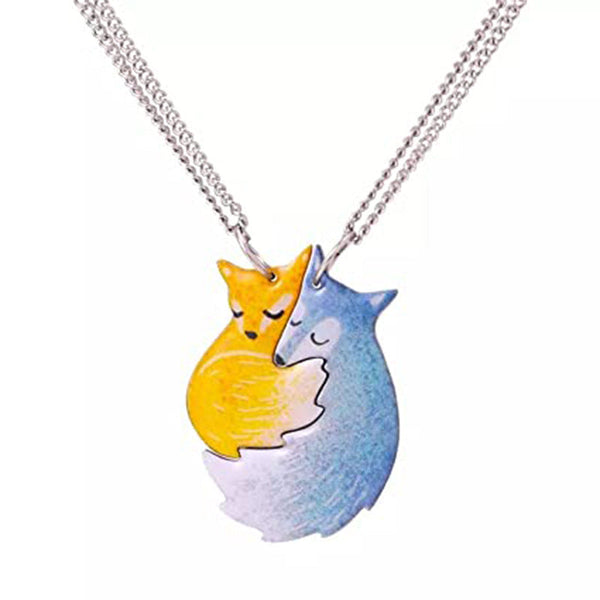 Veile Studios Hand Painted Fox Embracing Wolf Pendant Couple Jewelry Necklaces & Pendants