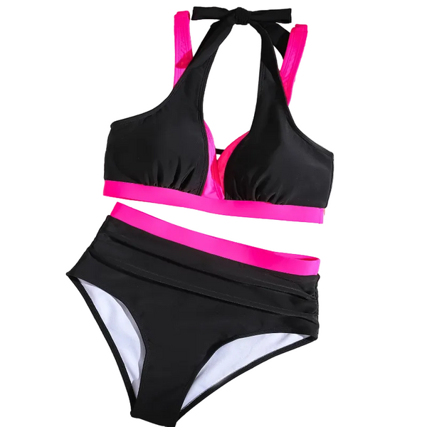 Color Blocked Halter High Waisted  Bikini Two Piece Swimsuit For Women Swimwear