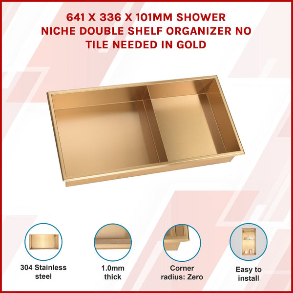 641 X 336 101Mm Shower Niche Double Shelf Organizer No Tile Needed In Gold Shower Shelves & Organisers