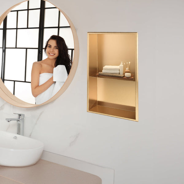 641 X 336 101Mm Shower Niche Double Shelf Organizer No Tile Needed In Gold Shower Shelves & Organisers