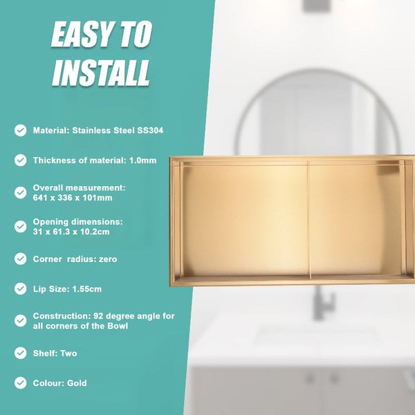 641 X 336 101Mm Shower Niche Double Shelf Organizer No Tile Needed In Gold Shower Shelves & Organisers