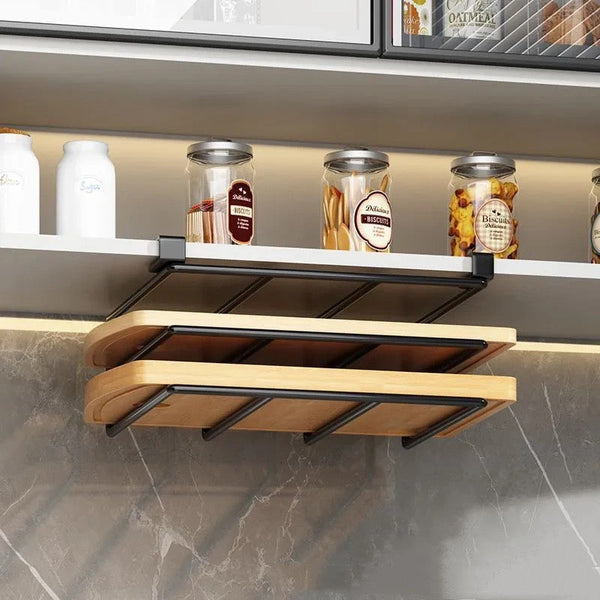 Under Cupboard Hanging Organizer: Hooks For Paper Towels Rags Plus Shelf Cutting Boards & Pot Covers Cabinets & Cupboards