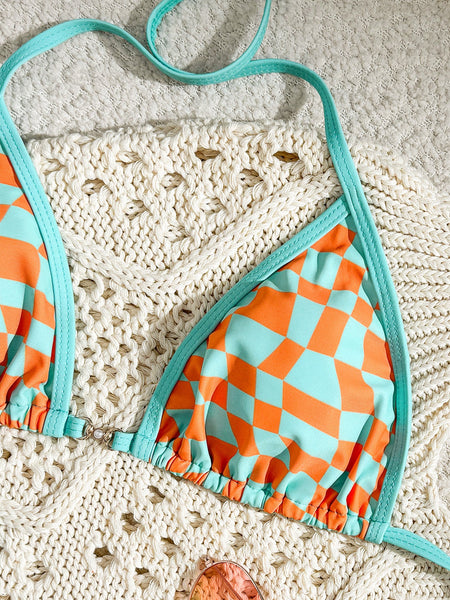 Checkerboard Split Bikini Swimsuit Printed  Vacation Blue Orange Swimwear