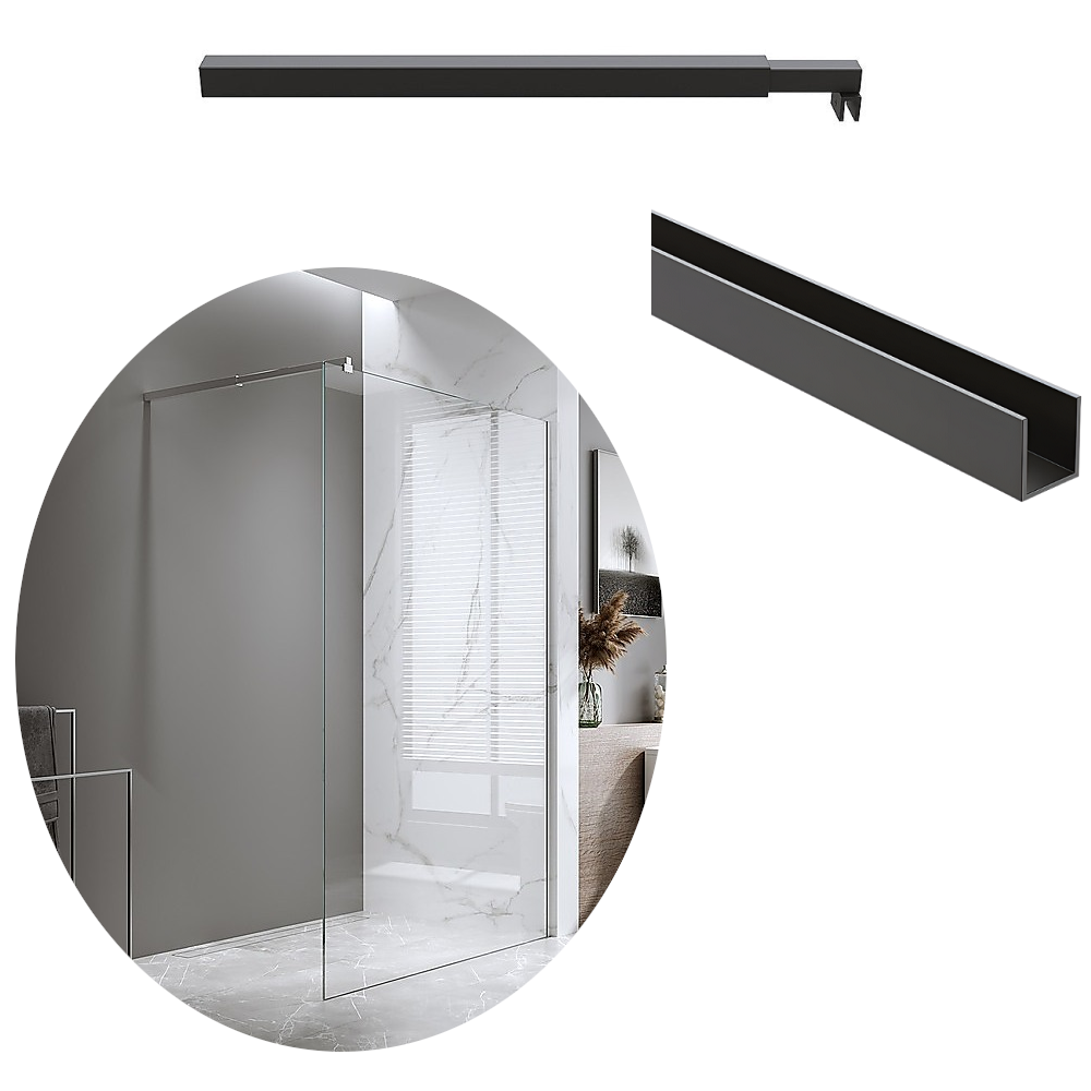 Della Francesca 90X200cm Single Shower Glass Screen With Black Wall Channel & Square Pole Shower Enclosures