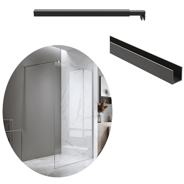 Della Francesca 90X200cm Single Shower Glass Screen With Black Wall Channel & Square Pole Shower Enclosures