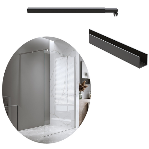Della Francesca 90X200cm Single Shower Glass Screen With Black Wall Channel & Square Pole Shower Enclosures