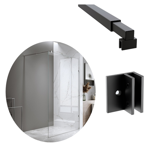 Della Francesca 90X210cm Single Shower Glass Screen With Black Brackets & Square Pole Shower Enclosures