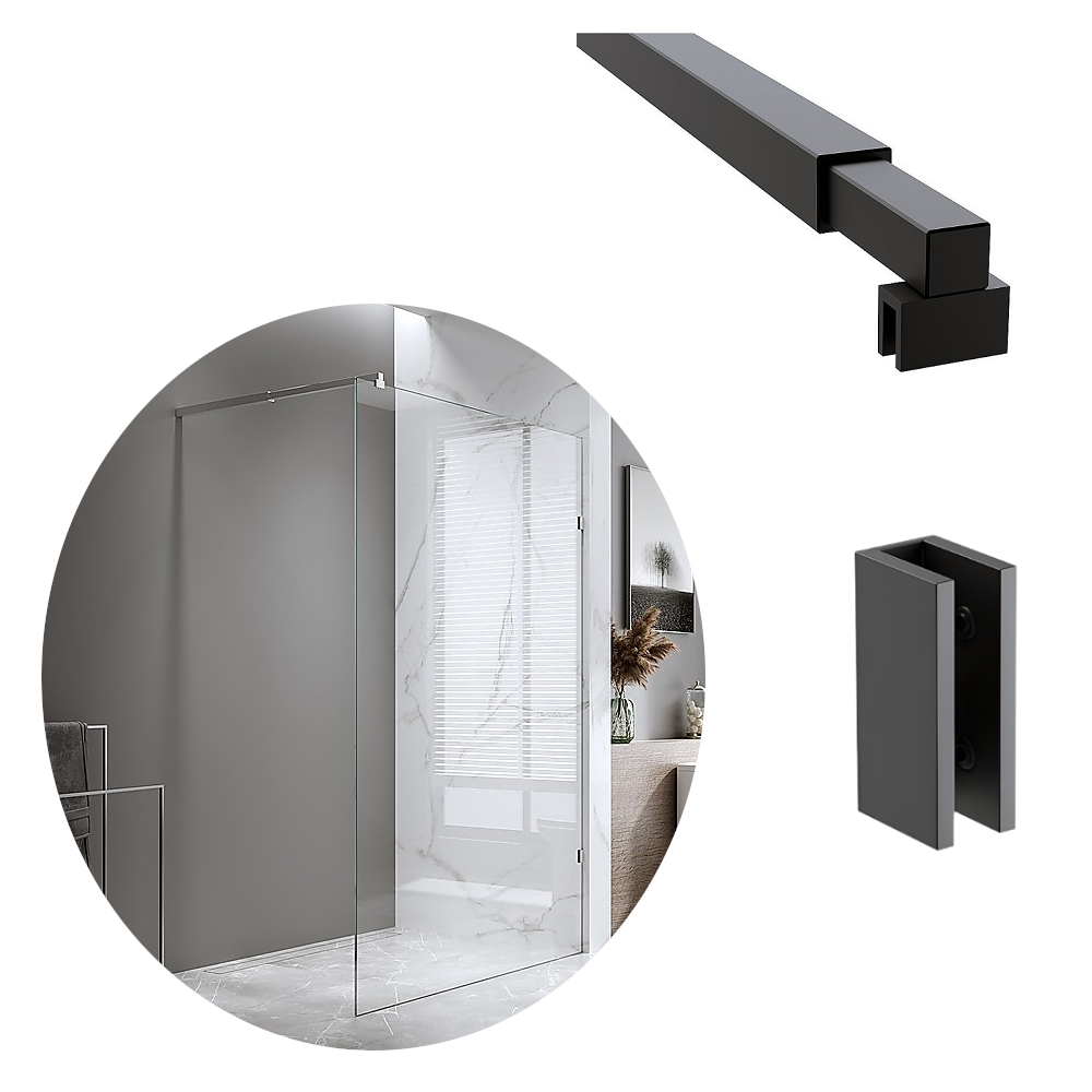 Della Francesca 90X210cm Single Shower Glass Screen With Black U Brackets & Square Pole Shower Enclosures