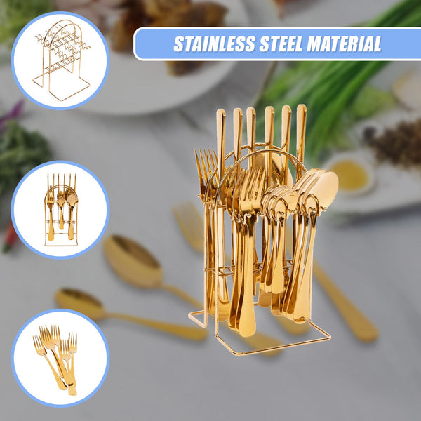 Tableware 24Pc Gold Cutlery Set Ss304 Household Knife Fork Spoon Kitchen With Storage Rack Dinner Service Cutlery Sets
