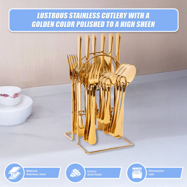 Tableware 24Pc Gold Cutlery Set Ss304 Household Knife Fork Spoon Kitchen With Storage Rack Dinner Service Cutlery Sets