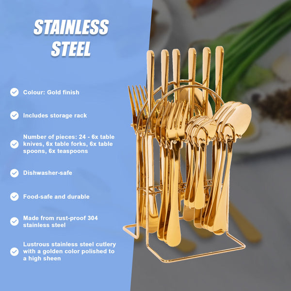 Tableware 24Pc Gold Cutlery Set Ss304 Household Knife Fork Spoon Kitchen With Storage Rack Dinner Service Cutlery Sets