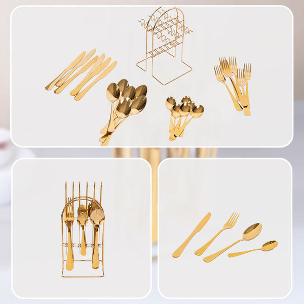 Tableware 24Pc Gold Cutlery Set Ss304 Household Knife Fork Spoon Kitchen With Storage Rack Dinner Service Cutlery Sets
