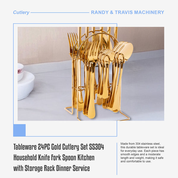 Tableware 24Pc Gold Cutlery Set Ss304 Household Knife Fork Spoon Kitchen With Storage Rack Dinner Service Cutlery Sets