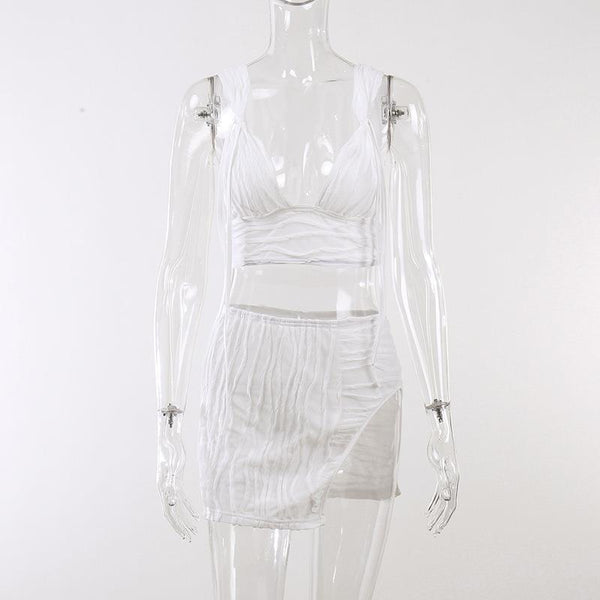 White Pleated Mini Skirt Crop Top Set Women Outfits & Sets