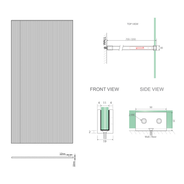 100Cm Reeded Glass Shower Screen With Gold U Brackets & Square Pole Shower Enclosures