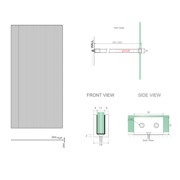 100Cm Reeded Glass Shower Screen With Gunmetal U Brackets & Round Pole Shower Enclosures