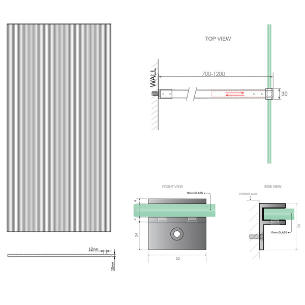 100Cm Reeded Glass Shower Screen With Gunmetal F Brackets & Round Pole Shower Enclosures