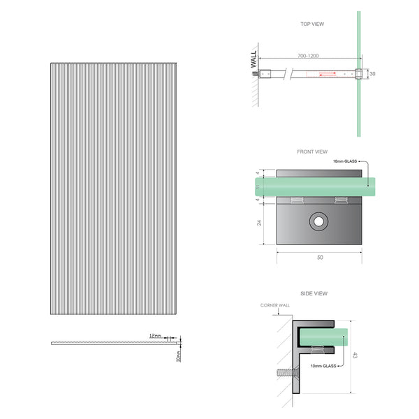 110Cm Reeded Glass Shower Screen With Chrome F Brackets & Round Pole Shower Enclosures