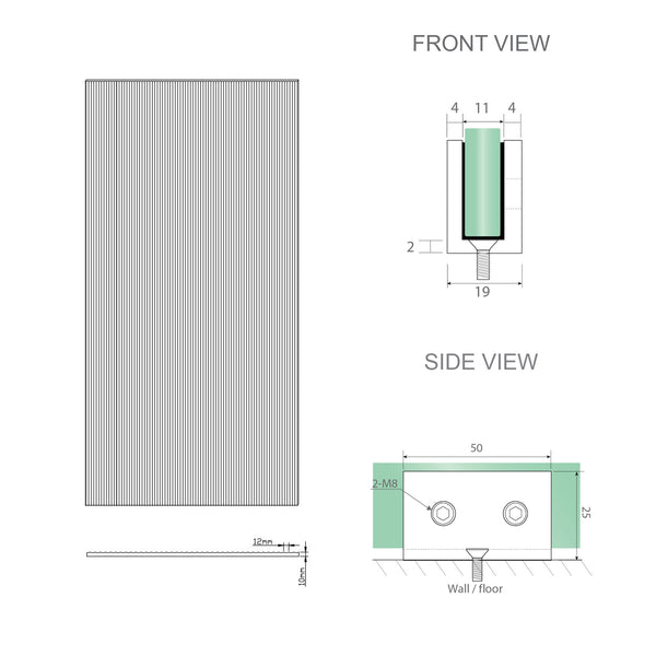110Cm Reeded Glass Shower Screen With Black Wall & Floor U Brackets Shower Enclosures