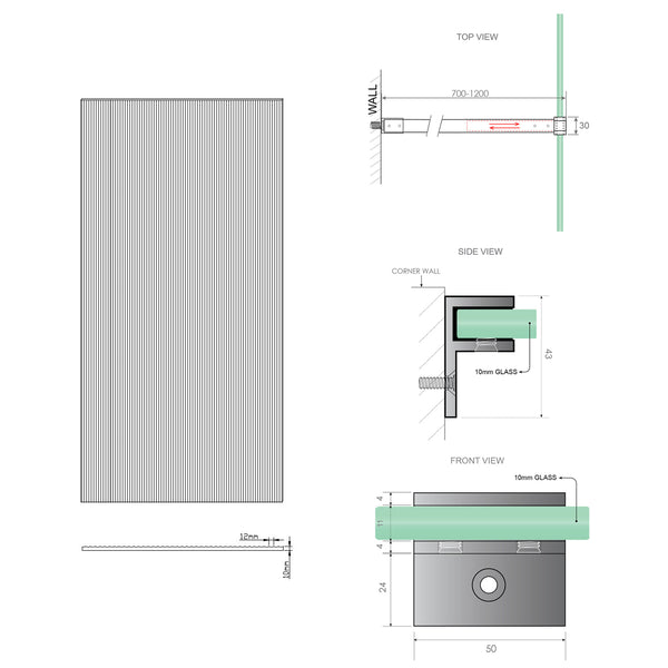 110Cm Reeded Glass Shower Screen With Black F Brackets & Round Pole Shower Enclosures