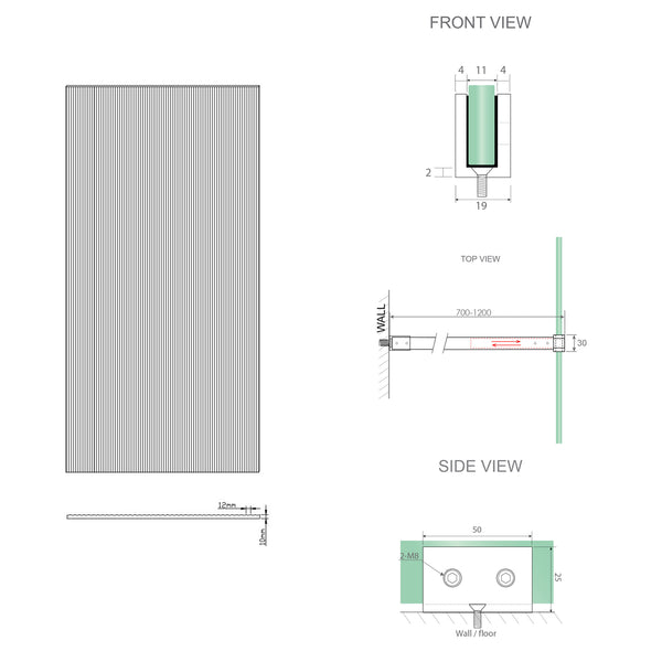 110Cm Reeded Glass Shower Screen With Gold U Brackets & Square Pole Shower Enclosures