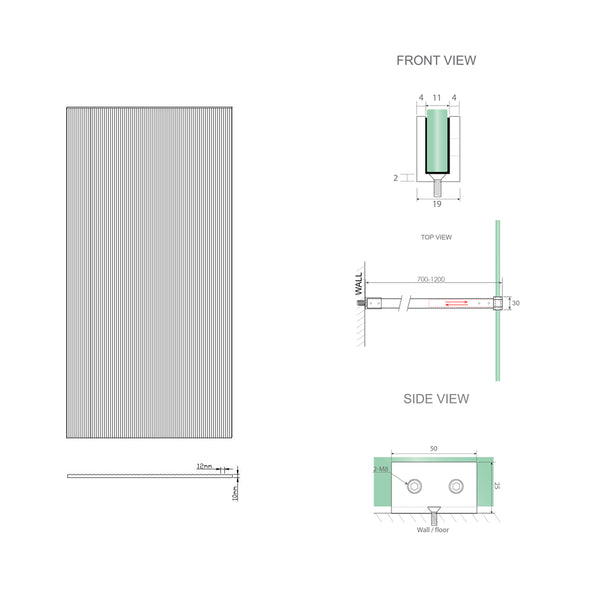 110Cm Reeded Glass Shower Screen With Gold U Brackets & Round Pole Shower Enclosures
