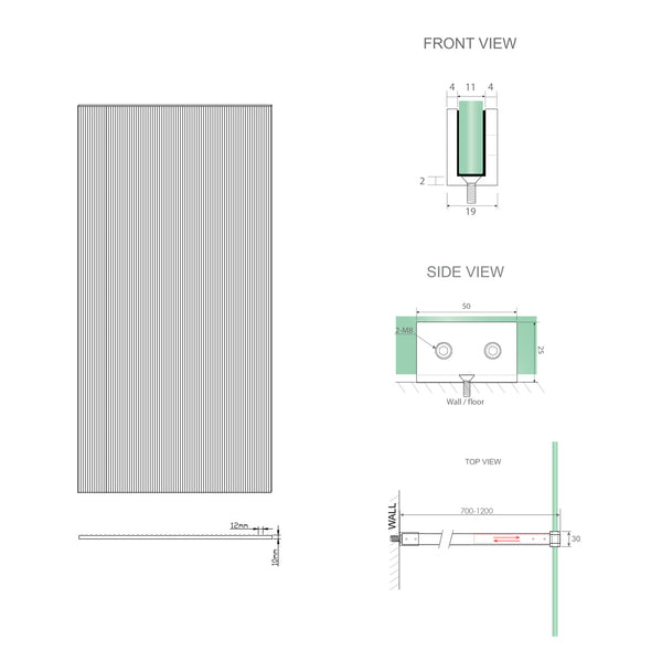110Cm Reeded Glass Shower Screen With Gunmetal U Brackets & Square Pole Shower Enclosures
