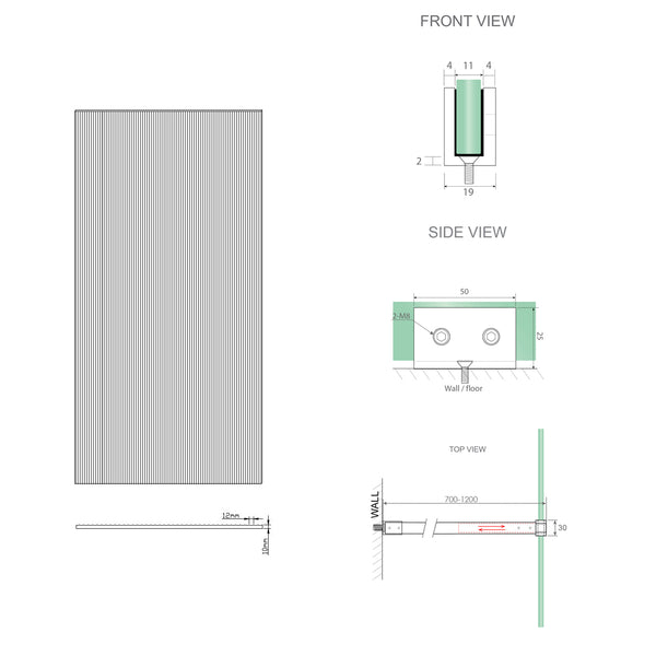 110Cm Reeded Glass Shower Screen With Gunmetal U Brackets & Round Pole Shower Enclosures