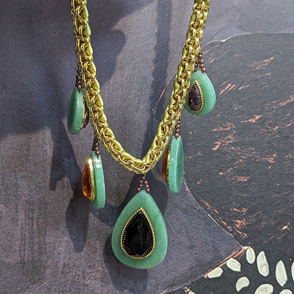Veile Studios Heavy Duty Woven Cuban Retro Thick Chain Natural Stone Droplet Malachite Green Luxury Necklace Necklaces & Pendants