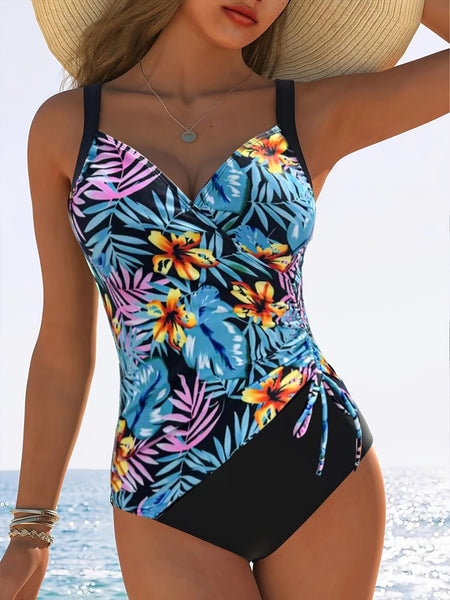 One Piece Printed Solid Color Drawstring Gathered Slimming  Bikini Women's Swimwear