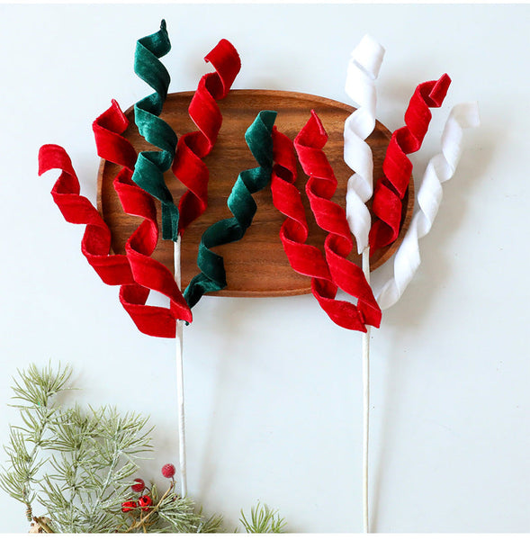 Christmas Decoration With Red And Green Faux Fur Curly Flowers Branches Ornament For Tree Gift Box Seasonal Decorations