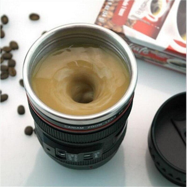 300Ml Stainless Steel Camera Lens Shape Self Stirring Mug Coffee Cup Novelty Gift Mugs